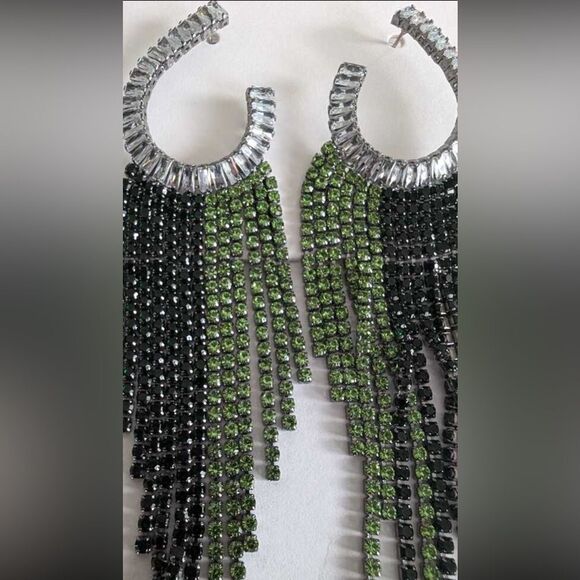Glam Green & Black Crystal Fringe Earrings — Luxe Statement Jewelry - Picture 4 of 11